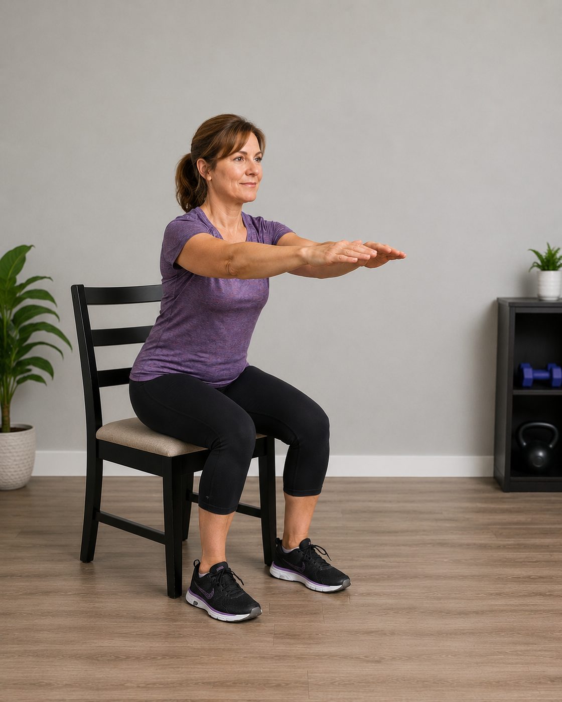 A woman rising from a hard chair with her arms held out in front of her